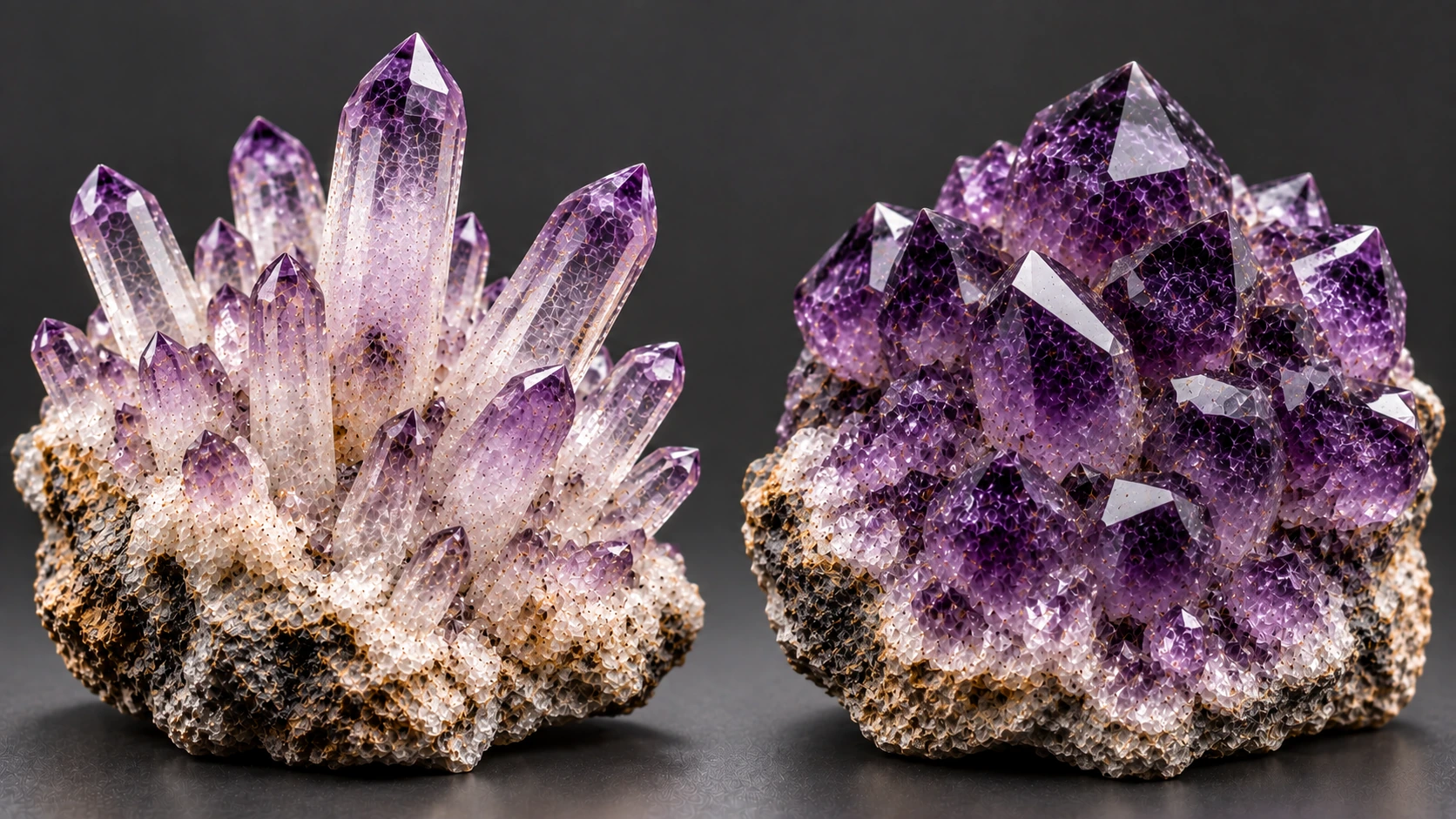 Comparación entre amatista Vera Cruz y amatista violeta oscura