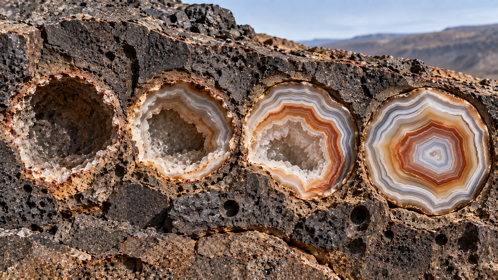 Formación geológica de un ágata dentro de una cavidad volcánica