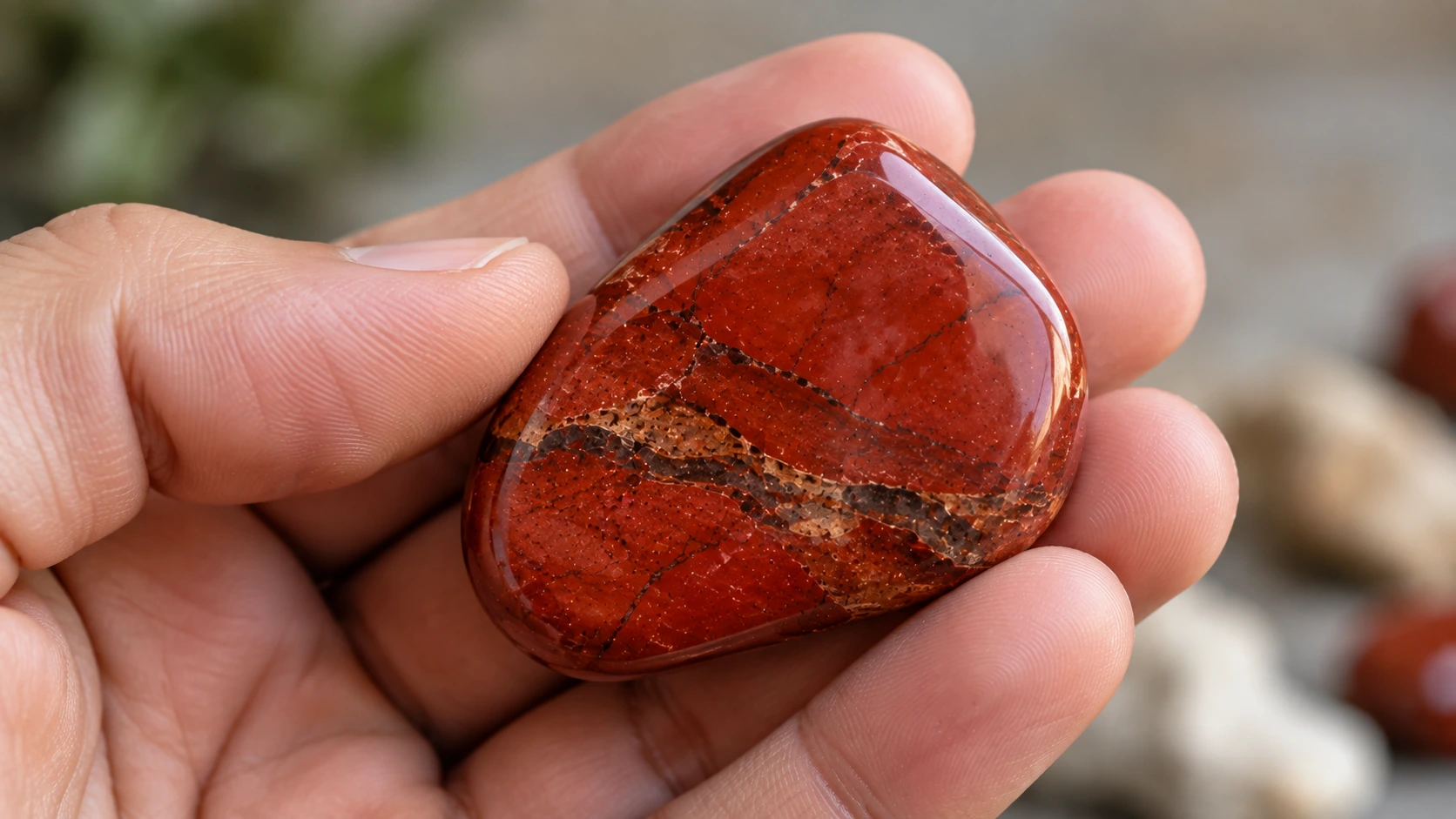 Piedra rodada de jaspe rojo sostenida en una mano