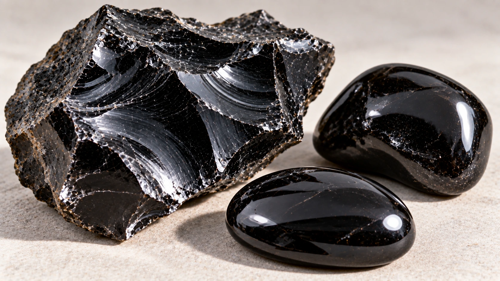 Obsidiana negra natural en bruto y pulida