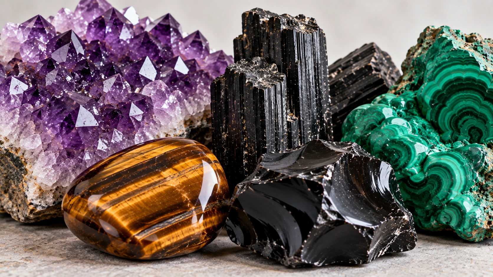 Amatista, turmalina negra, ojo de tigre, obsidiana y malaquita