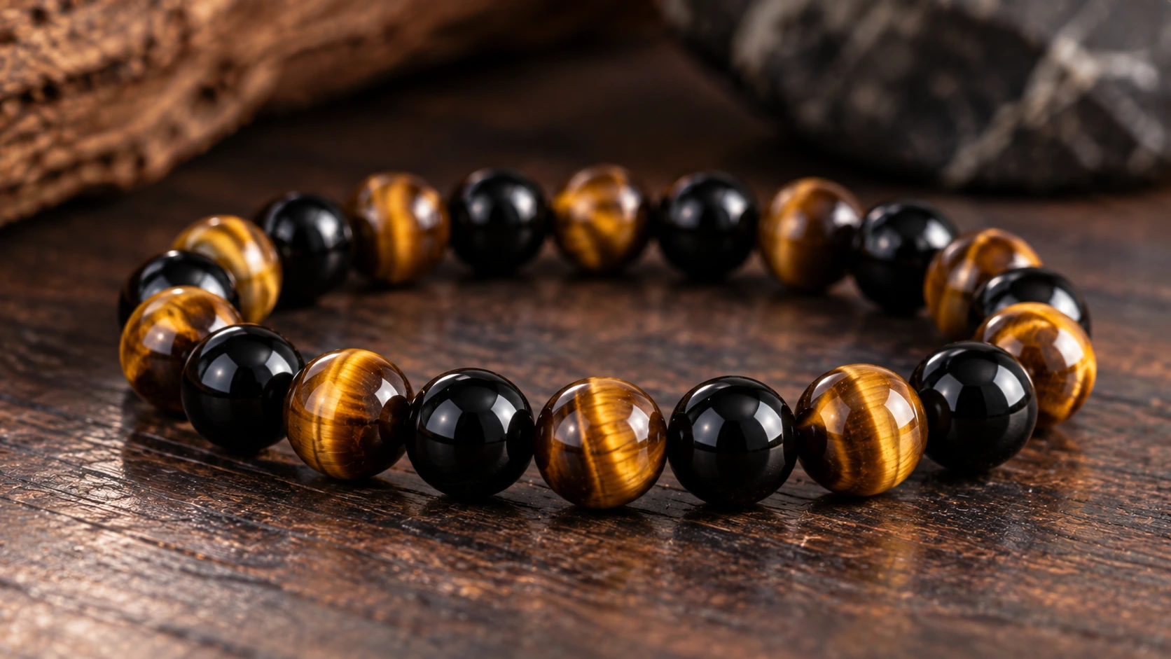 Pulsera de ónix negro y ojo de tigre