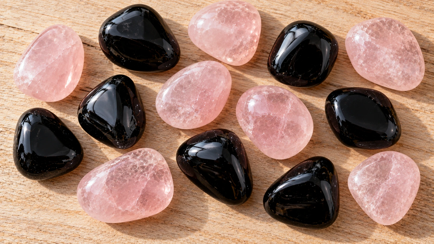 Obsidiana negra y cuarzo rosa natural en una composición de minerales.