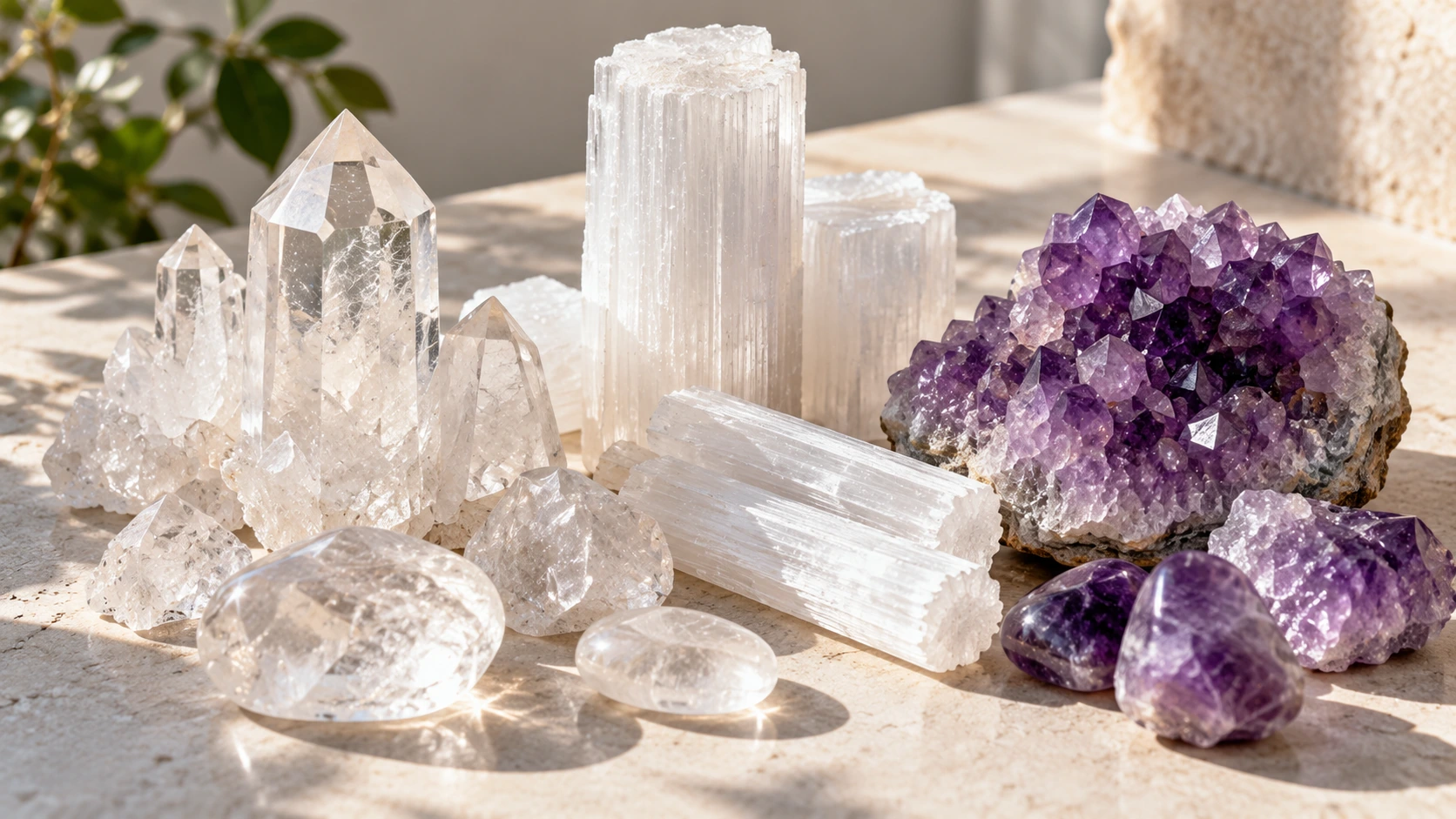 Cuarzo transparente, selenita y amatista asociados a chakras superiores