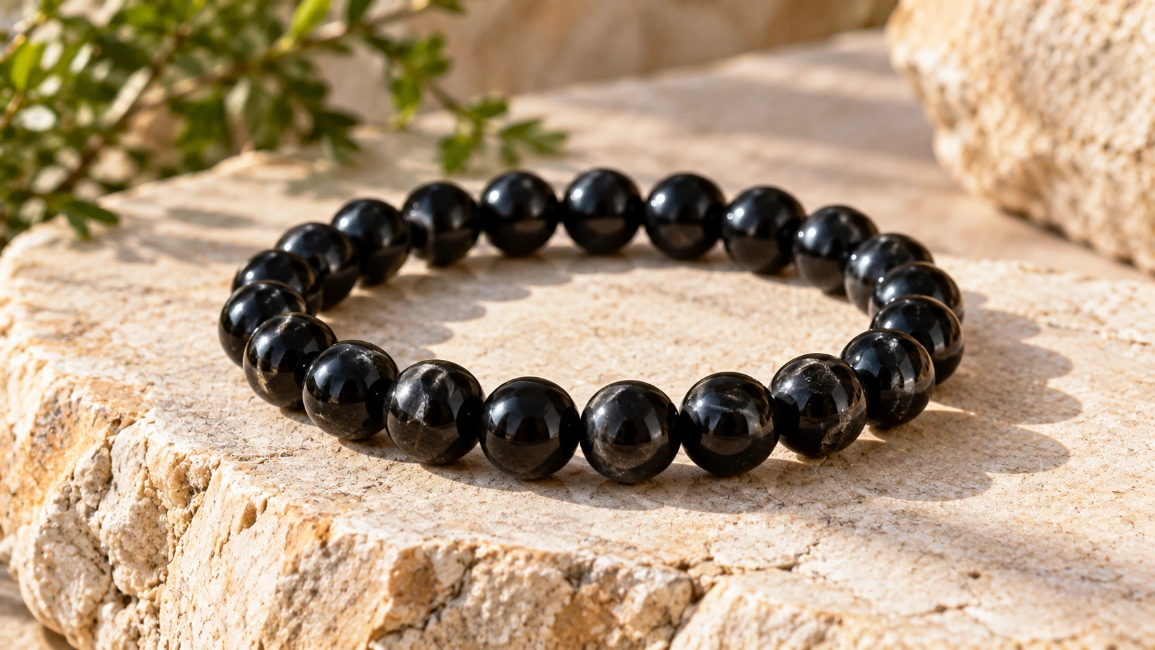 Pulsera de turmalina negra natural con cuentas pulidas