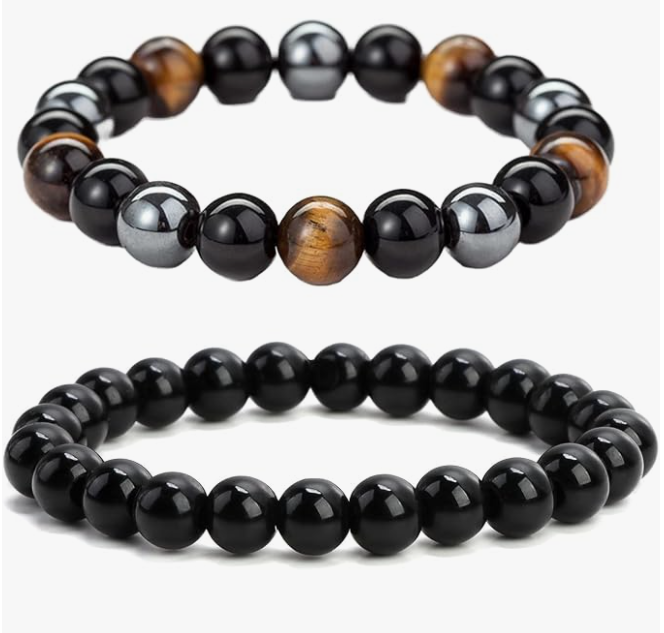 2 Pulseras Obsidiana Negra y Turmalina 8mm Piedras Naturales Elástico