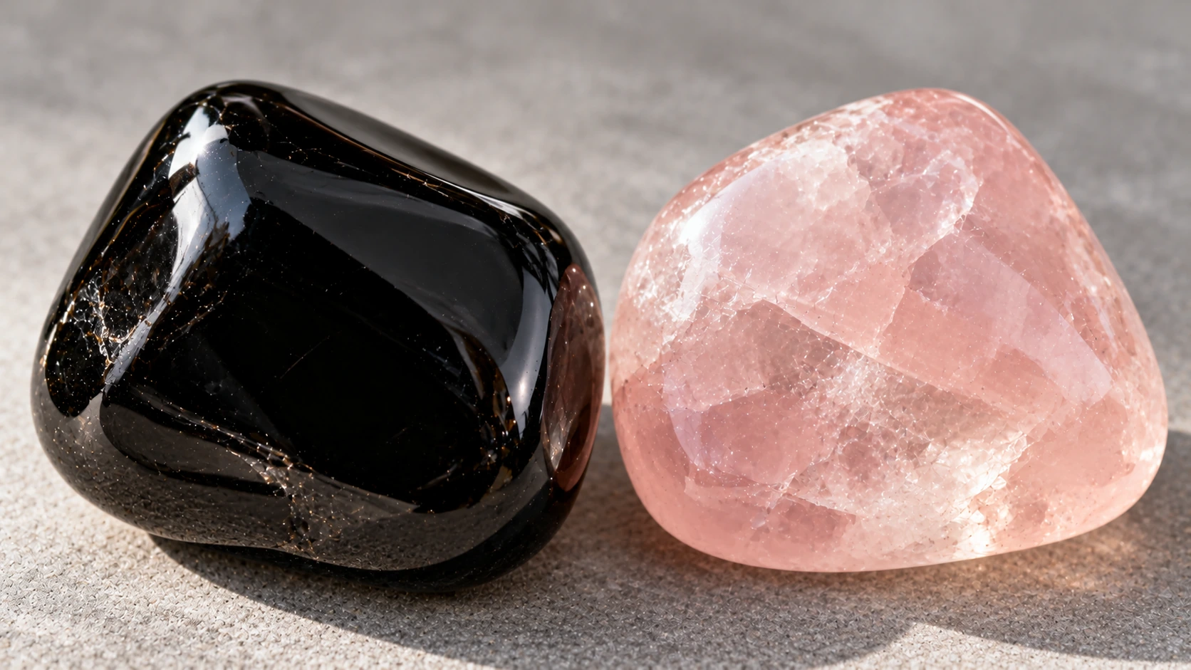 Primer plano de obsidiana negra y cuarzo rosa pulidos.