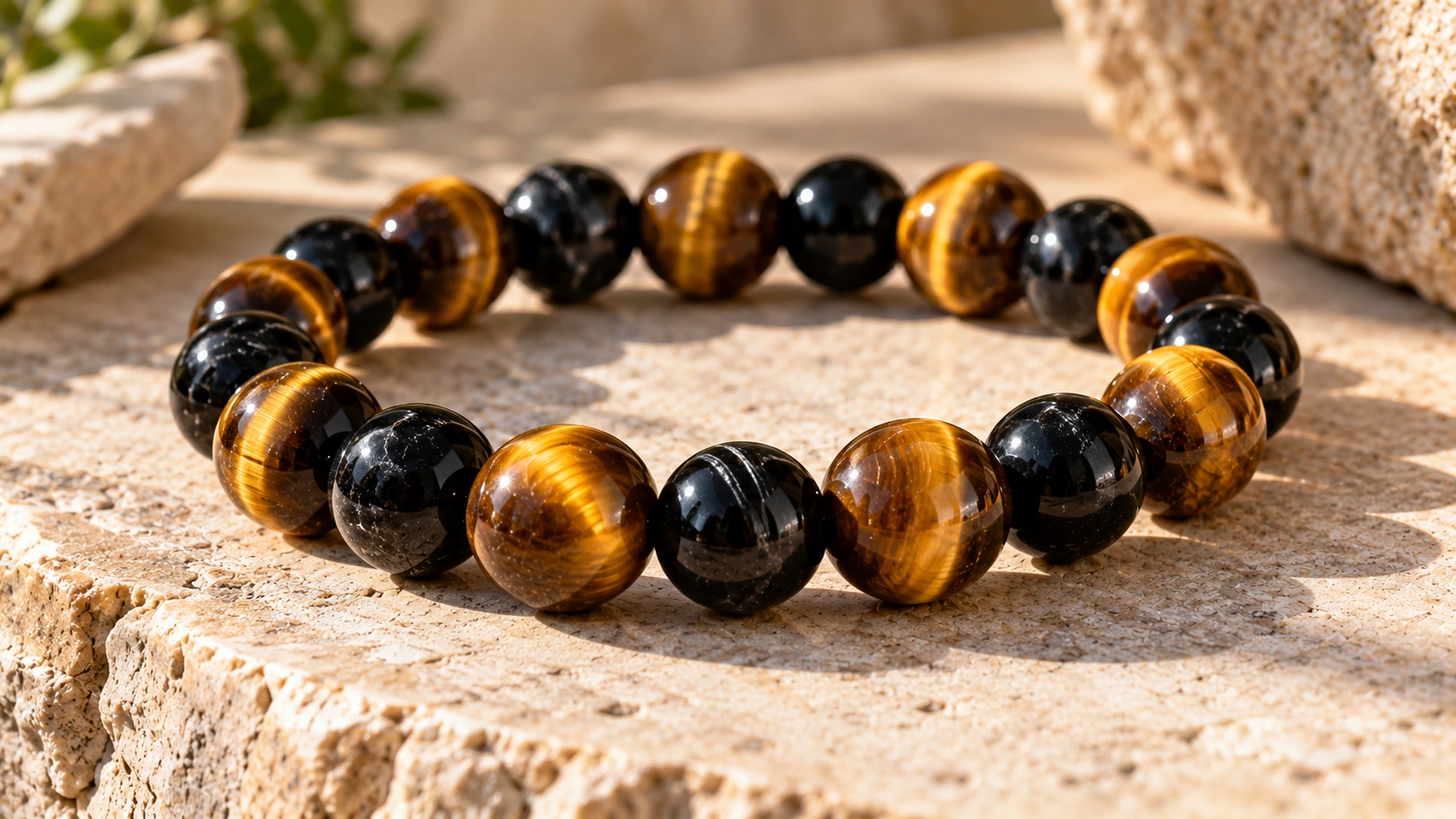 Pulsera de ojo de tigre y turmalina negra