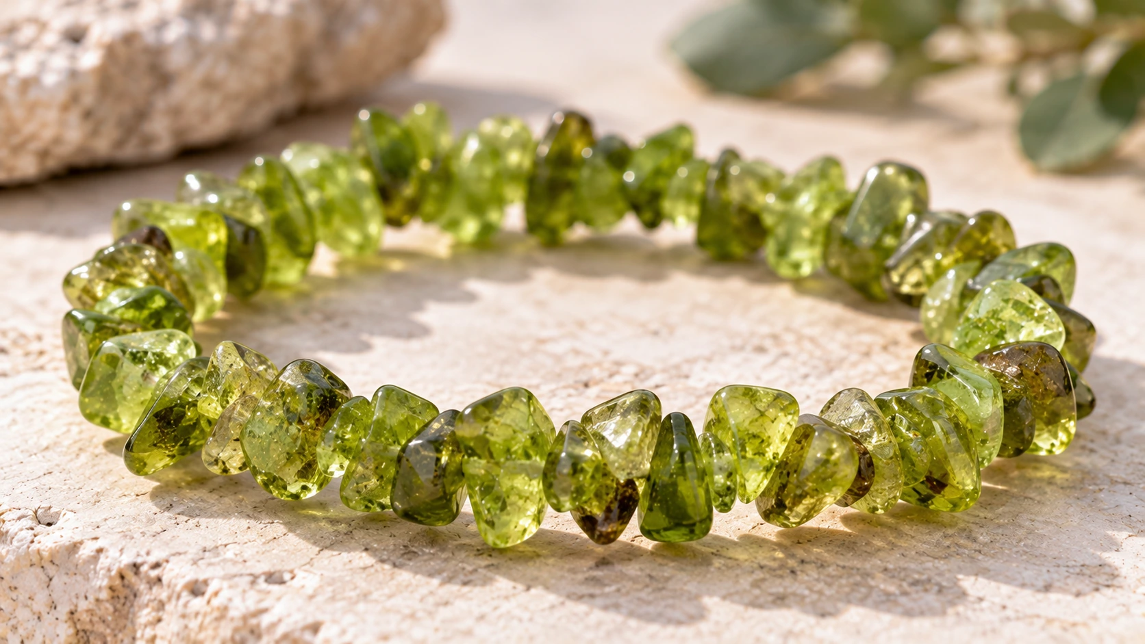 Pulsera de olivina natural en chips verdes