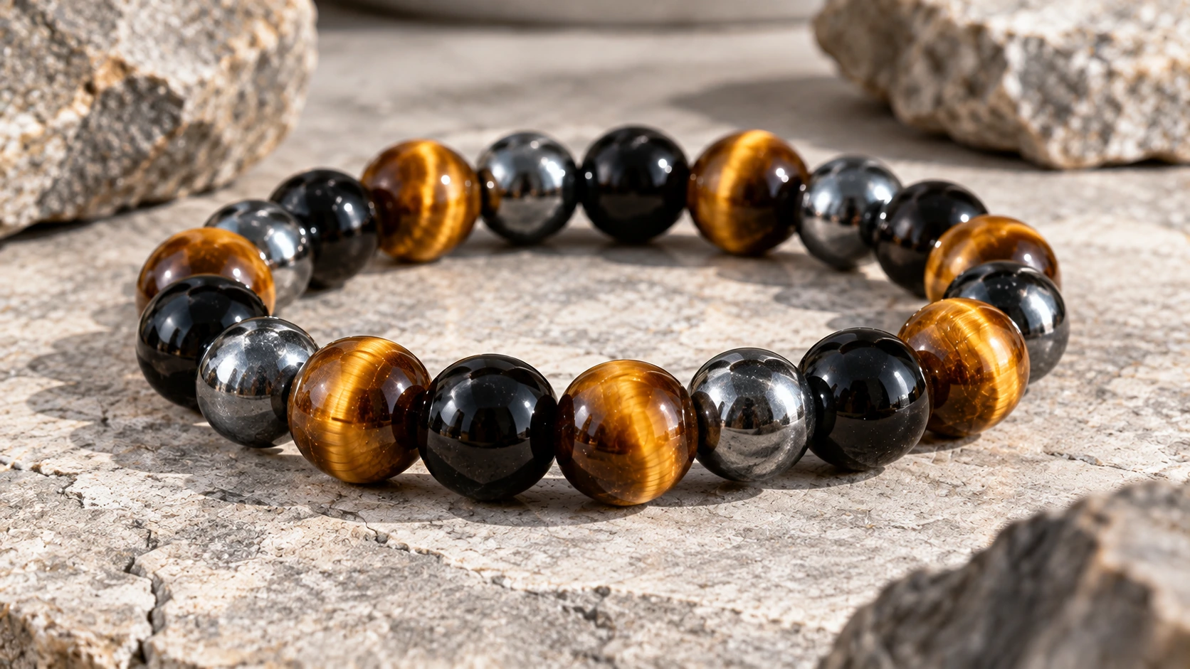 Pulsera de ojo de tigre, hematita y obsidiana negra